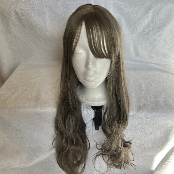 Ash Grey Brown Long Curly Cosplay Wig Wispy Bangs - Picture 1 of 5